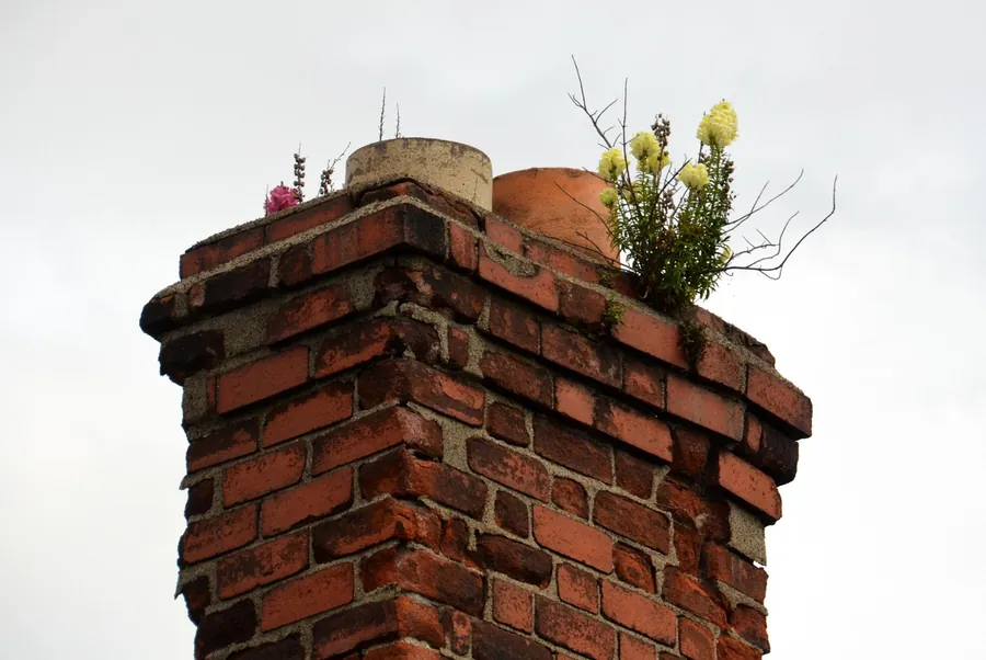 Old brick chimney stack with crumbling mortar and plants growing out of the top, a sign of worn flaunching