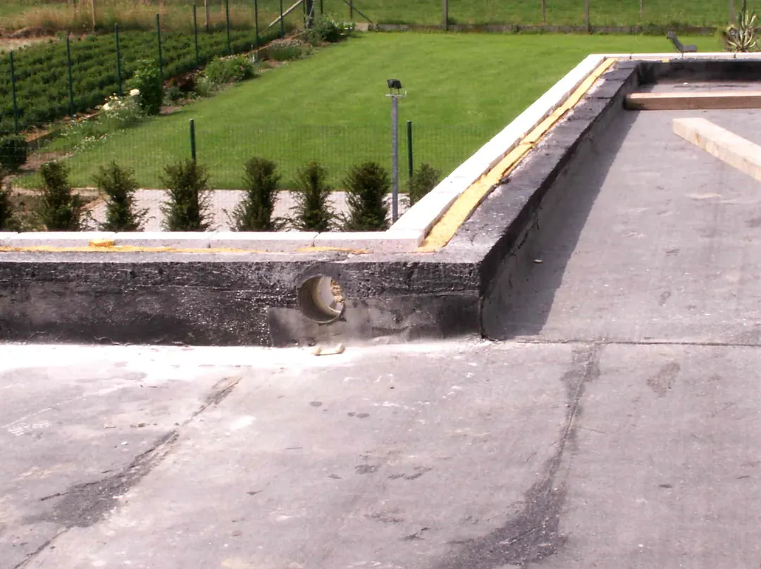 Felt-covered flat roof on a single-storey extension with an upstand edge, looking out over a back garden