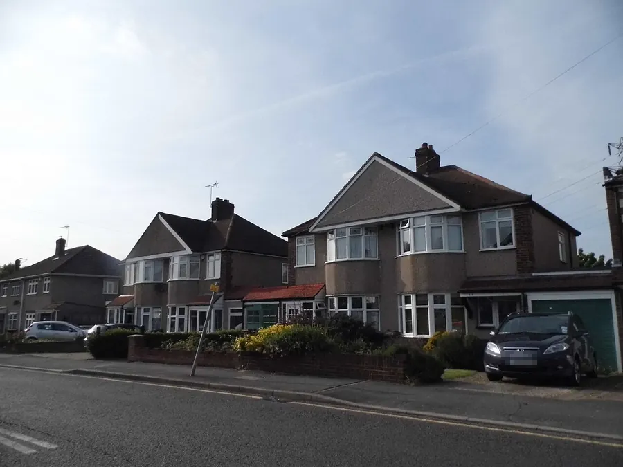 1930s semi-detached houses with hipped tiled roofs on Hurst Road, Bexley
