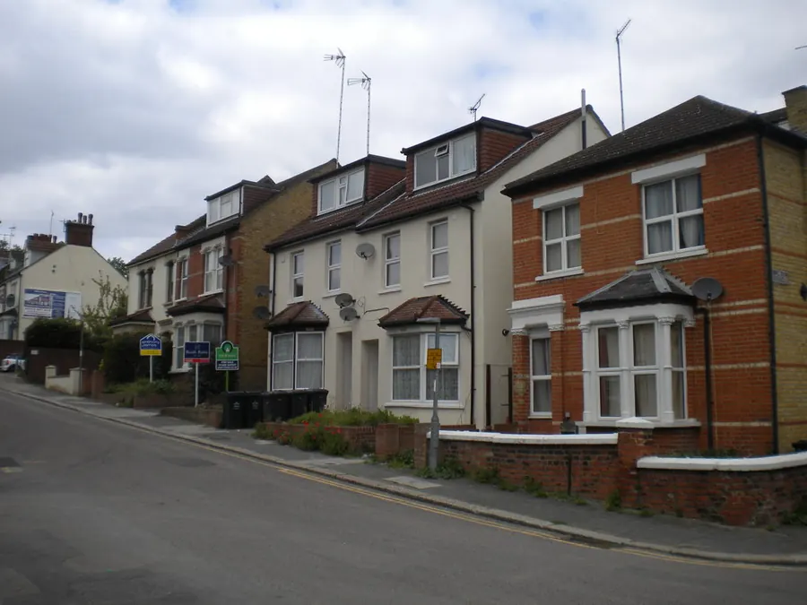 Edwardian houses with gabled roofs, dormers and bay windows on Essex Road, Dartford