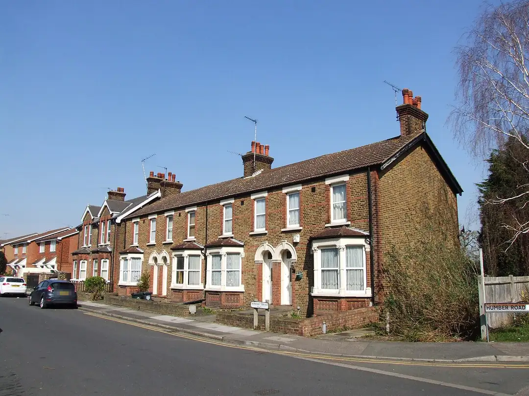 Victorian brick cottages with chimney stacks and slate roofs on Burnham Terrace, Dartford