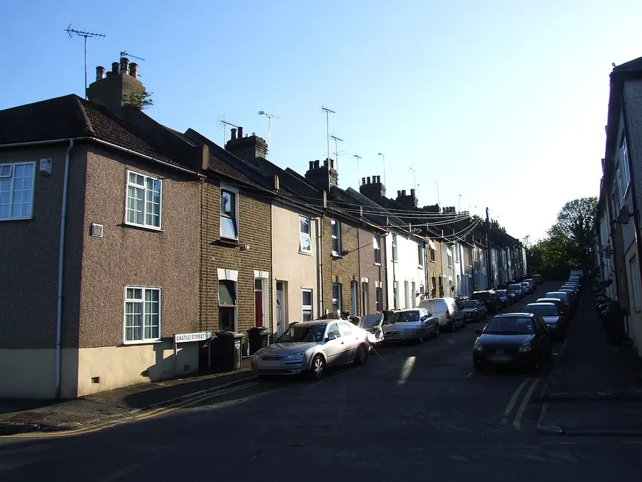 Victorian terraced houses with chimney stacks running down Castle Street, Greenhithe