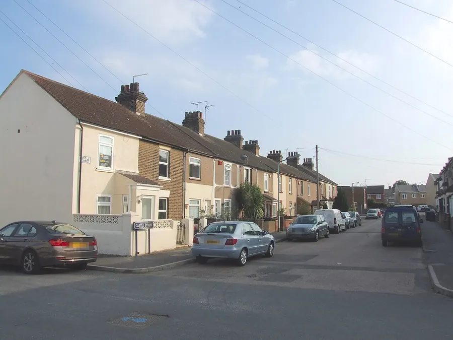 Terraced houses with pitched roofs and chimneys on Castle Street, Swanscombe