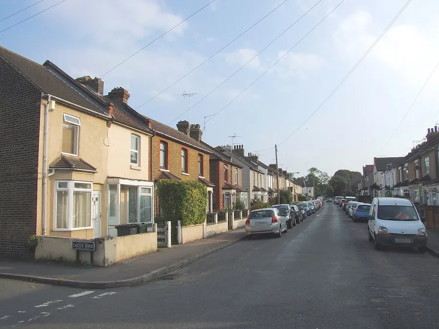 Street of Victorian terraced houses with bay windows on Eglington Road, Swanscombe